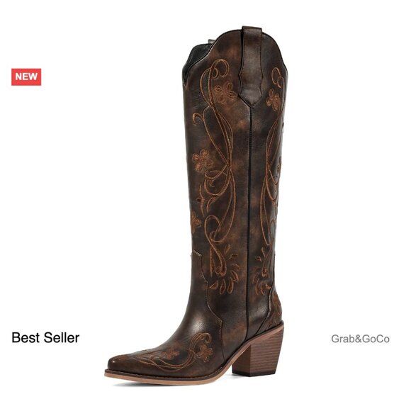 Floral Embroidered Knee High Cowboy Boots Chunky Heel Retro Vintage Western